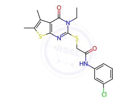 Chemical structure of N-(3-Chlorophenyl)-2-((3-ethyl-5,6-dimethyl-4-oxo-3,4-dihydrothieno[2,3-d]pyrimidin-2-yl)thio)acetamide