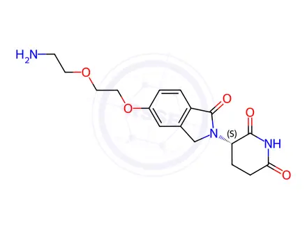 Chemical structure of (3S)-3-[5-[2-(2-aminoethoxy)ethoxy]-1-oxo-isoindolin-2-yl]piperidine-2,6-dione