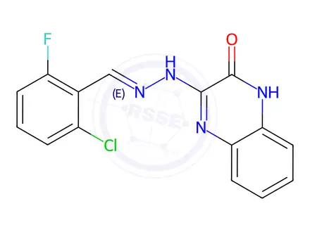 Chemical structure of 3-[(E)-2-[(2-Chloro-6-fluorophenyl)methylidene]hydrazin-1-yl]-1,2-dihydroquinoxalin-2-one
