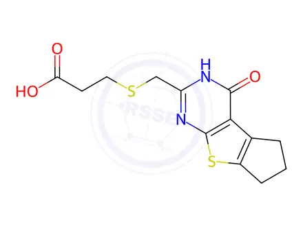 Chemical structure of 3-{[(4-oxo-3,5,6,7-tetrahydro-4H-cyclopenta[4,5]thieno[2,3-d]pyrimidin-2-yl)methyl]thio}propanoic acid