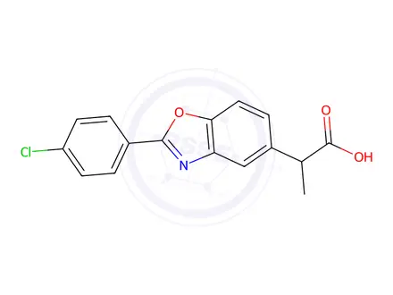 Chemical structure of (±)-2-(4-chlorophenyl)benzoxazole-5-propionic acid