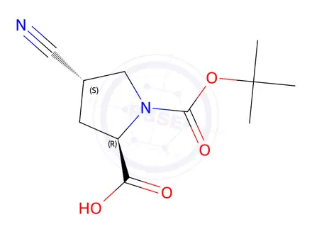 Chemical structure of (2R,4S)-1-(tert-butoxycarbonyl)-4-cyanopyrrolidine-2-carboxylic acid
