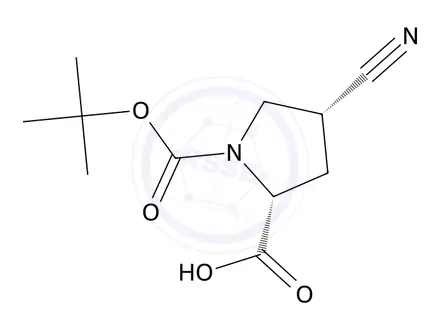 Chemical structure of (2R,4R)-1-(tert-butoxycarbonyl)-4-cyanopyrrolidine-2-carboxylic acid