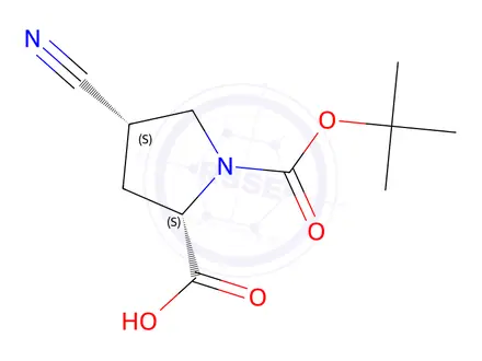 Chemical structure of (2S,4S)-1-(tert-butoxycarbonyl)-4-cyanopyrrolidine-2-carboxylic acid