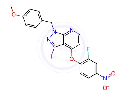 Chemical structure of 4-(2-fluoro-4-nitrophenoxy)-3-iodo-1-(4-methoxybenzyl)-1H-pyrazolo[3,4-b]pyridine
