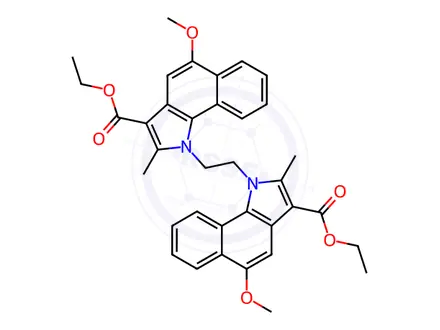 Chemical structure of Ethyl 1-[2-(3-ethoxycarbonyl-5-methoxy-2-methylbenzo[g]indol-1-yl)ethyl]-5-methoxy-2-methylbenzo[g]indole-3-carboxylate
