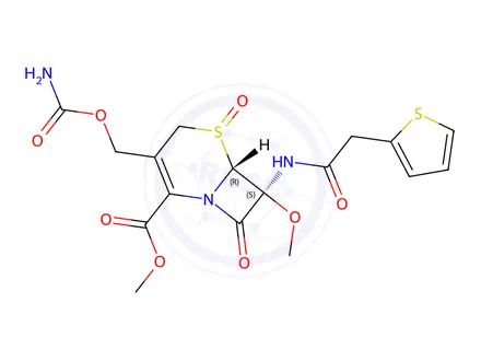 Chemical structure of (6R,7S)-methyl 3-((carbamoyloxy)methyl)-7-methoxy-8-oxo-7-(2-(thiophen-2-yl)acetamido)-5-thia-1-azabicyclo[4.2.0]oct-2-ene-2-carboxylate 5-oxide