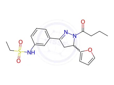 Chemical structure of N-(3-(1-Butyryl-5-(furan-2-yl)-4,5-dihydro-1H-pyrazol-3-yl)phenyl)ethanesulfonamide