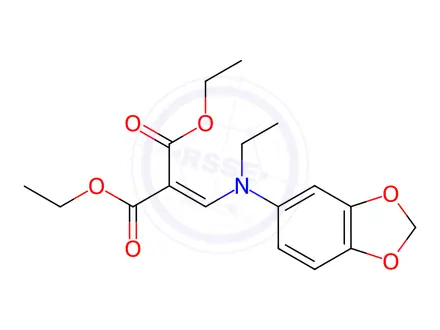 Chemical structure of Ethyl 2-((Benzo[d][1,3]Dioxol-5-yl(Ethyl)Amino)Methylene)-4-Methoxy-3-Oxobutanoate