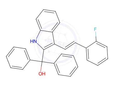 Chemical structure of (E)-(3-(2-Fluorostyryl)-1H-indol-2-yl)diphenylmethanol
