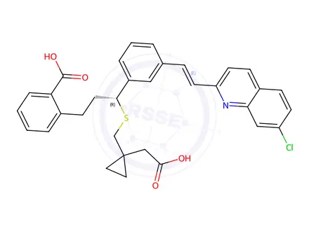 Chemical structure of (R,E)-2-(3-(((1-(carboxymethyl)cyclopropyl)methyl)thio)-3-(3-(2-(7-chloroquinolin-2-yl)vinyl)phenyl)propyl)benzoic acid