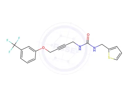 Chemical structure of 1-(Thiophen-2-ylmethyl)-3-(4-(3-(trifluoromethyl)phenoxy)but-2-yn-1-yl)urea
