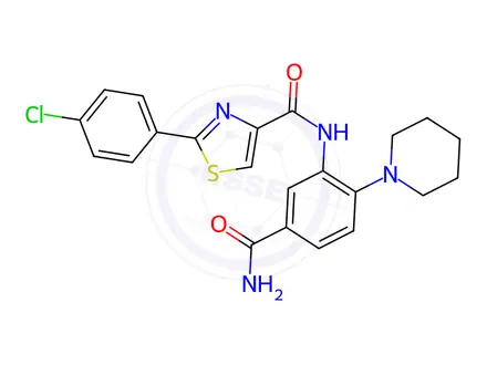 Chemical structure of N-(5-Carbamoyl-2-(piperidin-1-yl)phenyl)-2-(4-chlorophenyl)thiazole-4-carboxamide