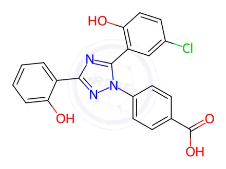Chemical structure of 4-(5-(5-chloro-2-hydroxyphenyl)-3-(2-hydroxyphenyl)-1H-1,2,4-triazol-1-yl)benzoic acid