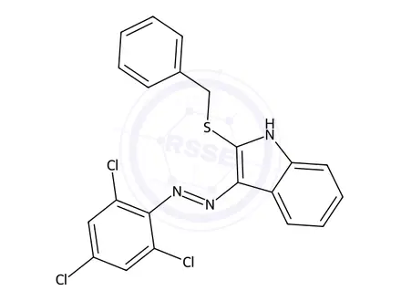 Chemical structure of 2-(Benzylthio)-3-((2,4,6-trichlorophenyl)diazenyl)-1H-indole