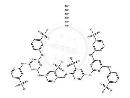 Chemical structure of hexasodium 4,4'-bis[[4,6-bis(m-sulphonatoanilino)-1,3,5-triazin-2-yl]amino]stilbene-2,2'-disulphonate
