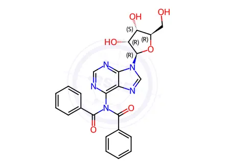 Chemical structure of N-Benzoyl-N-(9-((2R,3R,4S,5R)-3,4-dihydroxy-5-(hydroxymethyl)tetrahydrofuran-2-yl)-9H-purin-6-yl)benzamide