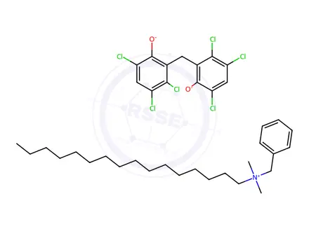 Chemical structure of benzyl(hexadecyl)dimethylammonium, salt with 2,2'-methylenebis[3,4,6-trichlorophenol] (2:1)
