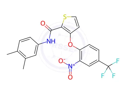 Chemical structure of N-(3,4-dimethylphenyl)-3-(2-nitro-4-(trifluoromethyl)phenoxy)thiophene-2-carboxamide