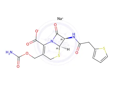 Chemical structure of sodium (6R,7R)-3-((carbamoyloxy)methyl)-8-oxo-7-(2-(thiophen-2-yl)acetamido)-5-thia-1-azabicyclo[4.2.0]oct-2-ene-2-carboxylate