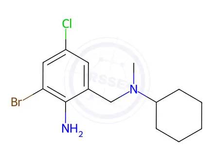 Chemical structure of Bromhexine Hydrochloride Impurity I (3-bromo-5-chloro-1-((cyclohe xyl(methyl)amino)methyl)anilin e)