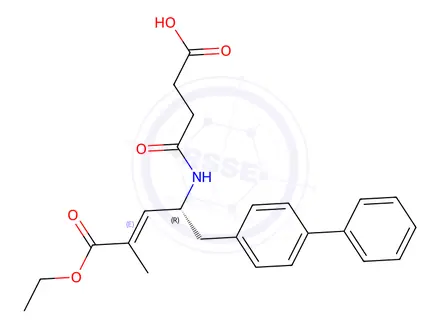 Chemical structure of (E)-(R)-5-Biphenyl-4-yl-4-(3-carboxypropionylamino)-2-methyl-pent-2-enoic acid ethyl ester