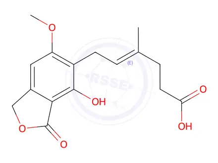 Chemical structure of (E)-6-(4-Hydroxy-6-methoxy-3-oxo-1,3-dihydroisobenzofuran-5-yl)-4-methylhex-4-enoic Acid