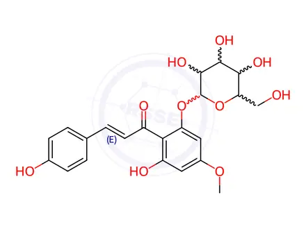 Chemical structure of (E)-4,6'-Dihydroxy-2'-(β-D-glucopyranosyloxy)-4'-methoxychalcone