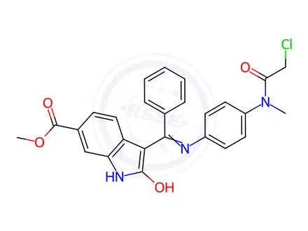 Chemical structure of 1H-Indole-6-carboxylic acid, 3-[[[4-[(2-chloroacetyl)methylamino]phenyl]amino]phenylmethylene]-2,3-dihydro-2-oxo-, methyl ester, (3Z)-
