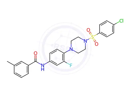 Chemical structure of N-{4-[4-(4-chlorobenzenesulfonyl)piperazin-1-yl]-3-fluorophenyl}-3-methylbenzamide