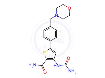 Chemical structure of 3-[(Aminocarbonyl)amino]-5-[4-(4-morpholinylmethyl)phenyl]-2-thiophenecarboxamide