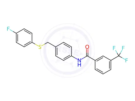 Chemical structure of N-(4-(((4-fluorophenyl)thio)methyl)phenyl)-3-(trifluoromethyl)benzamide