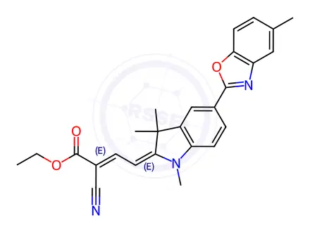 Chemical structure of ethyl 2-cyano-4-[1,3-dihydro-1,3,3-trimethyl-5-(5-methyl-2-benzoxazolyl)-2H-indole-2-ylidene]-2-butenoate