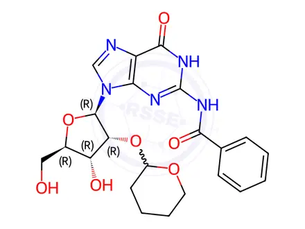 Chemical structure of N-(9-((2R,3R,4R,5R)-4-Hydroxy-5-(hydroxymethyl)-3-((tetrahydro-2H-pyran-2-yl)oxy)tetrahydrofuran-2-yl)-6-oxo-6,9-dihydro-1H-purin-2-yl)benzamide