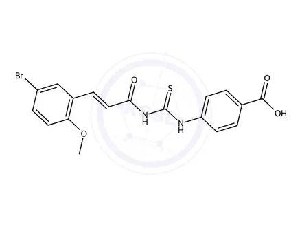 Chemical structure of 4-(3-(3-(5-Bromo-2-methoxyphenyl)acryloyl)thioureido)benzoic acid