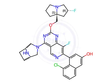 Chemical structure of 2-Naphthalenol, 5-chloro-4-[4-(3,8-diazabicyclo[3.2.1]oct-3-yl)-8-fluoro-2-[[(2R,7aS)-2-fluorotetrahydro-1H-pyrrolizin-7a(5H)-yl]methoxy]pyrido[4,3-d]pyrimidin-7-yl]-