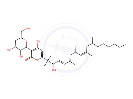 Chemical structure of 2H-Pyran-2-one, 3-(4-deoxy-beta-xylo-hexopyranosyl)-4-hydroxy-6-(2-hydroxy-1,1,5,7,9,11-hexamethyl-3,5,8-heptadecatrienyl)-