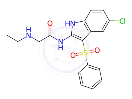 Chemical structure of N-(5-Chloro-3-(phenylsulfonyl)-1H-indol-2-yl)-2-(ethylamino)acetamide