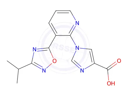 Chemical structure of 1-(3-(3-Isopropyl-1,2,4-oxadiazol-5-yl)pyridin-2-yl)-1H-imidazole-4-carboxylic acid