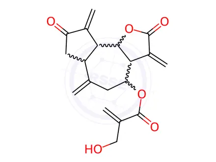 Chemical structure of 2-Hydroxymethylpropenoic acid dodecahydro-3,6,9-tris(methylene)-2,8-dioxoazuleno[4,5-b]furan-4-yl ester