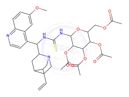 Chemical structure of N-[(8α,9R)-6'-Methoxycinchonan-9-yl]-N'-(2,3,4,6-tetra-O-acetyl-β-D-glucopyranosyl)-Thiourea