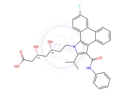 Chemical structure of (3R,5R)-7-(9-Fluoro-2-isopropyl-3-(phenylcarbamoyl)-1H-dibenzo[e,g]indol-1-yl)-3,5-dihydroxyheptanoic Acid