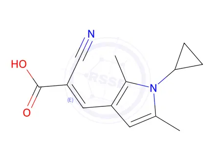 Chemical structure of 2-Cyano-3-(1-cyclopropyl-2,5-dimethyl-1H-pyrrol-3-yl)prop-2-enoic Acid