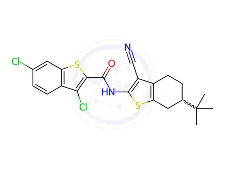Chemical structure of N-(6-(tert-butyl)-3-cyano-4,5,6,7-tetrahydrobenzo[b]thiophen-2-yl)-3,6-dichlorobenzo[b]thiophene-2-carboxamide