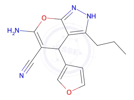 Chemical structure of Pyrano[2,3-c]pyrazole-5-carbonitrile, 6-amino-4-(3-furanyl)-1,4-dihydro-3-propyl-