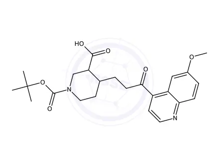 Chemical structure of (3R,4R)-1-(tert-Butoxycarbonyl)-4-(3-(6-methoxyquinolin-4-yl)-3-oxopropyl)piperidine-3-carboxylic acid