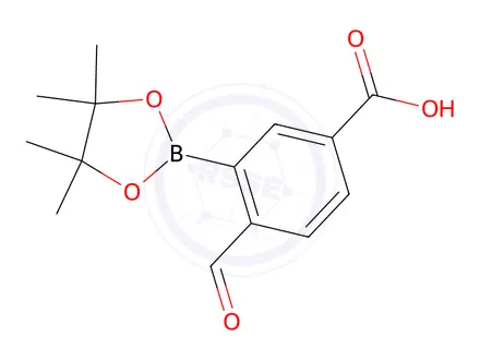 Chemical structure of Benzoic acid, 4-formyl-3-(4,4,5,5-tetramethyl-1,3,2-dioxaborolan-2-yl)-