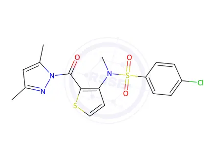 Chemical structure of 4-Chloro-N-(2-(3,5-dimethyl-1H-pyrazole-1-carbonyl)thiophen-3-yl)-N-methylbenzenesulfonamide