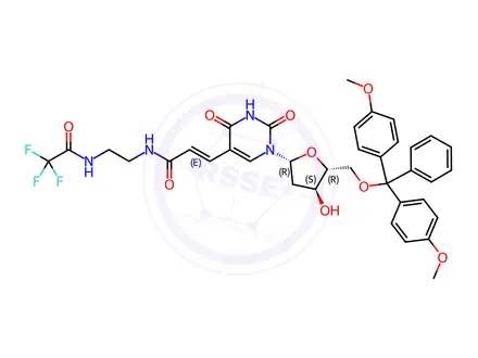 Chemical structure of 5'-O-(Dimethoxytrityl)-5-[N-(2-(trifluoroacetamido)ethyl)-3-(E)acrylamido]-2'-deoxyuridine