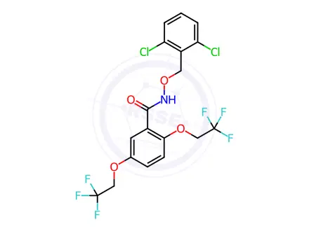 Chemical structure of N-((2,6-dichlorobenzyl)oxy)-2,5-bis(2,2,2-trifluoroethoxy)benzamide